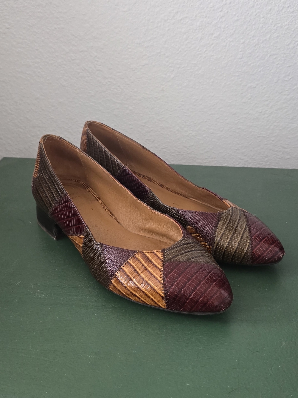 Sezane Patchwork Leather Flats in Burgundy, Olive & Mustard